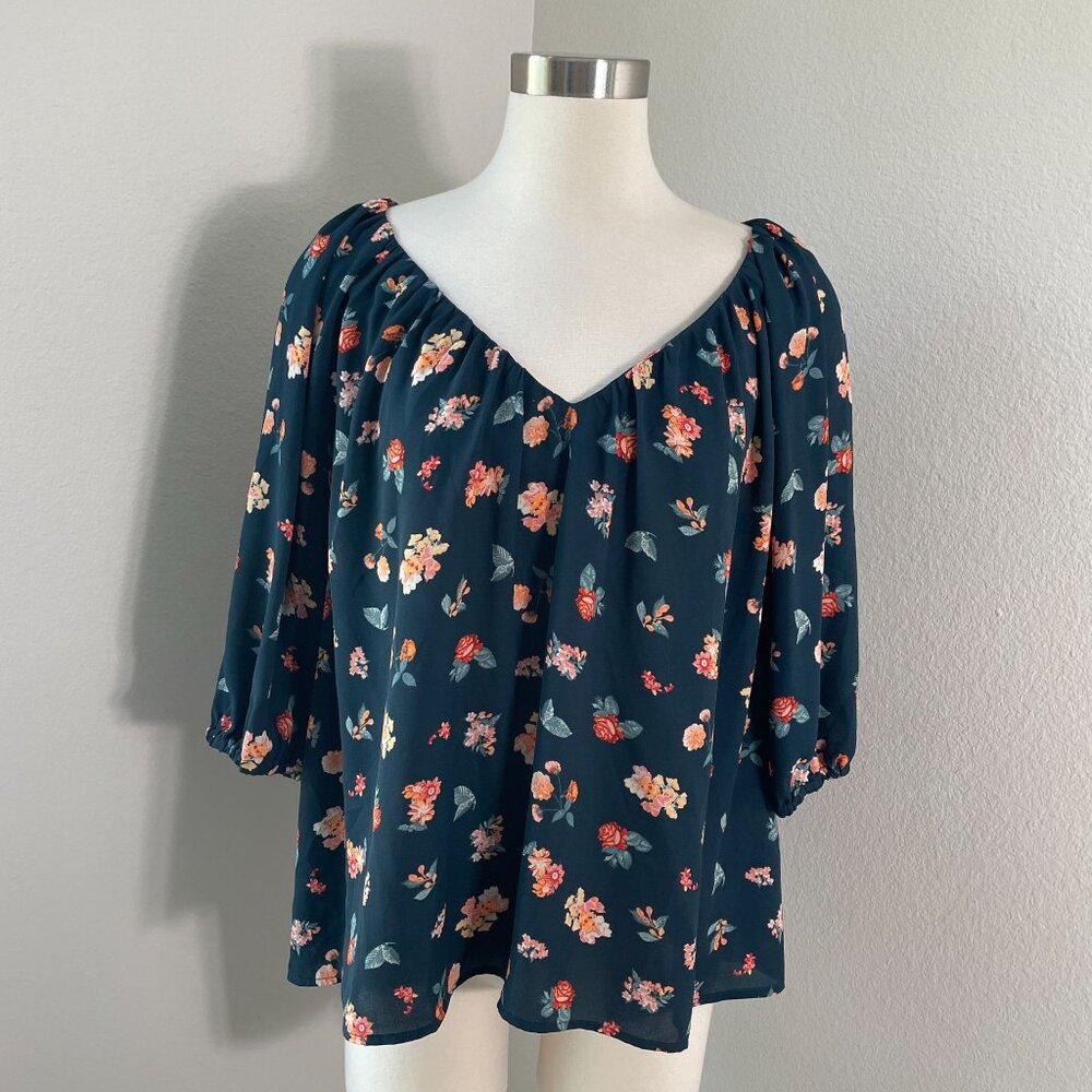 Ann Taylor Womens XL Floral Blouse Dark Teal 3/4 Sleeves Shirt Top V Neck